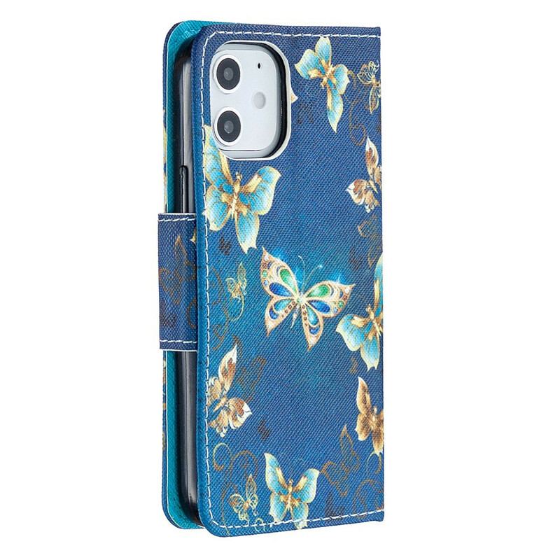 Housse iPhone 12 Mini Papillons et Fleurs Bleus à Lanière