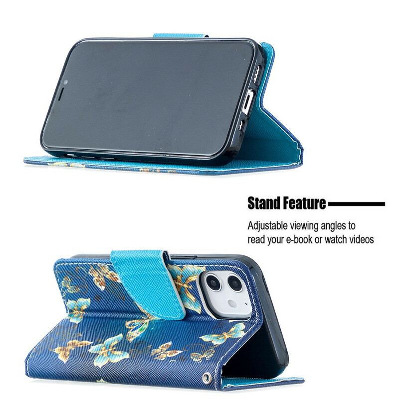 Housse iPhone 12 Mini Papillons et Fleurs Bleus à Lanière