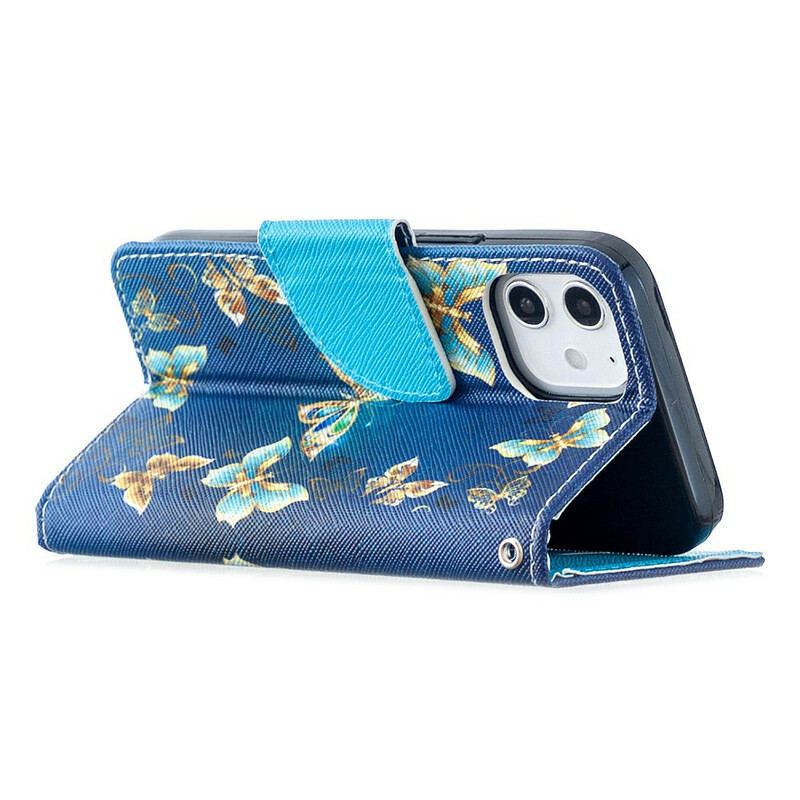 Housse iPhone 12 Mini Papillons et Fleurs Bleus à Lanière