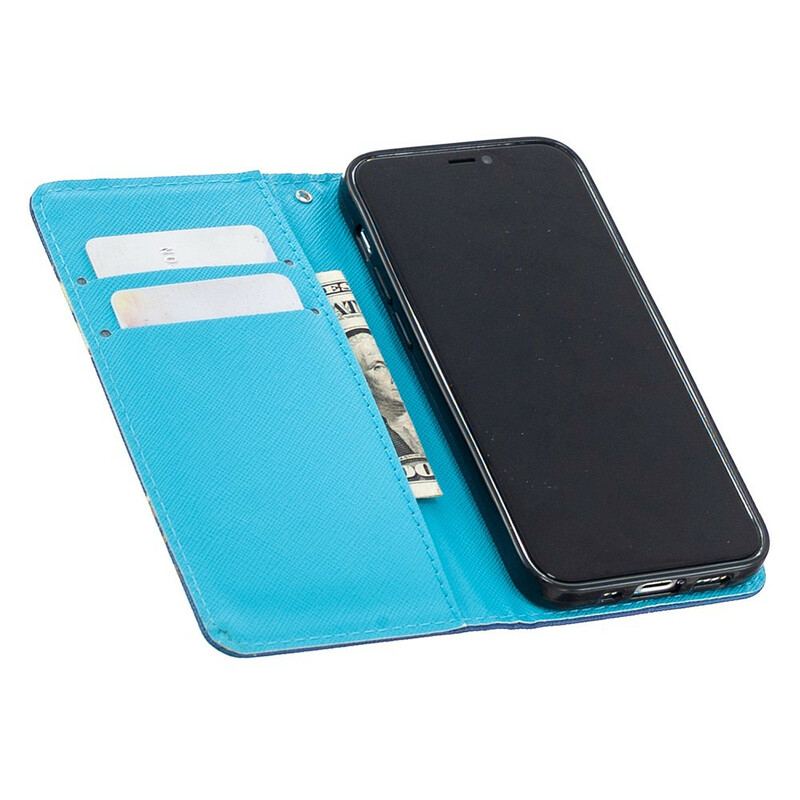 Housse iPhone 12 Mini Papillons et Fleurs Bleus à Lanière