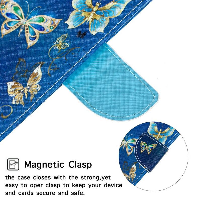Housse iPhone 12 Mini Papillons et Fleurs Bleus à Lanière