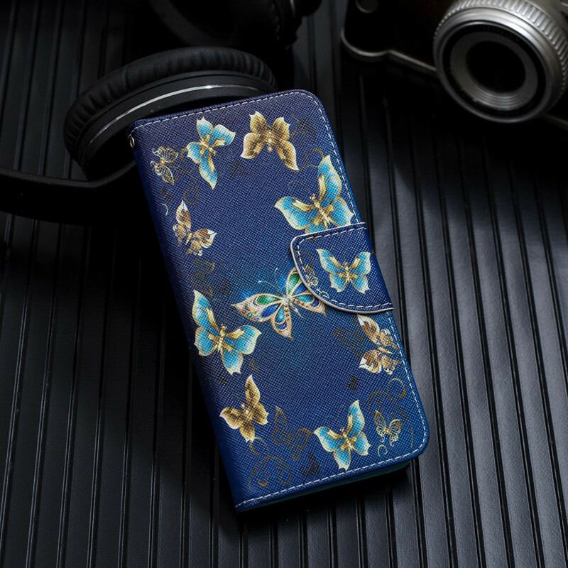 Housse iPhone 12 Mini Papillons et Fleurs Bleus à Lanière