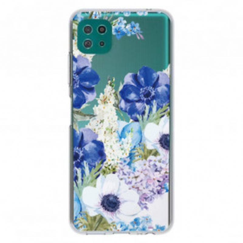 Coque Samsung Galaxy A22 5G Transparente Fleurs Bleues Aquarelle