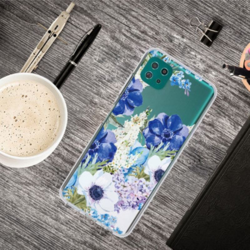 Coque Samsung Galaxy A22 5G Transparente Fleurs Bleues Aquarelle