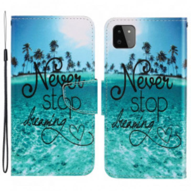 Housse Samsung Galaxy A22 5G Never Stop Dreaming Marine à Lanière