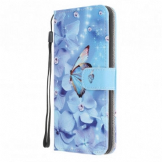Housse Samsung Galaxy A22 5G Papillons Diamants à Lanière