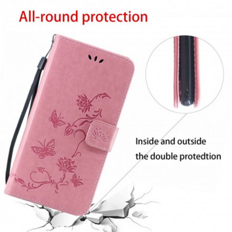 Housse Samsung Galaxy A22 5G Papillons et Fleurs à Lanière