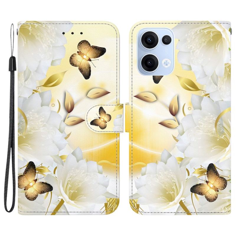 Housse Oppo Reno 13 5G Papillons Dorés et Fleurs Blanches