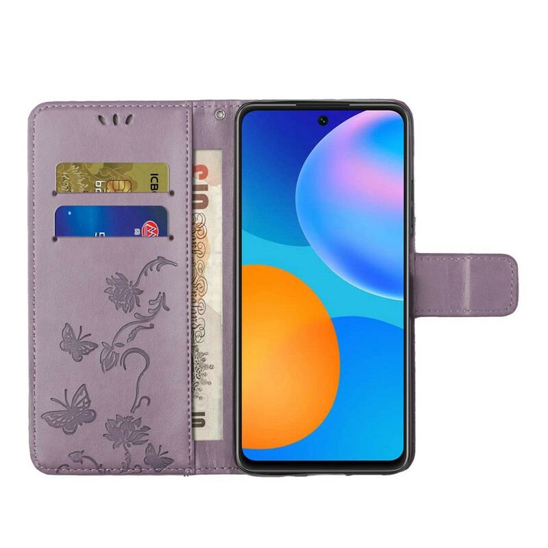 Housse Samsung Galaxy A72 4G / A72 5G Papillons Et Fleurs À Lanière