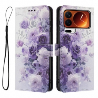 Étui Portefeuille à Rabat pour Xiaomi 17 Pro Max - Motif Rose Violette avec Dragonne