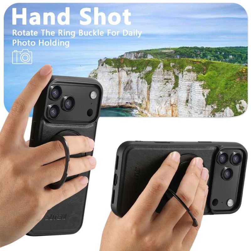 Coque iPhone 17 Pro Compatible MagSafe Effet Cuir Ciré avec Support Rotatif