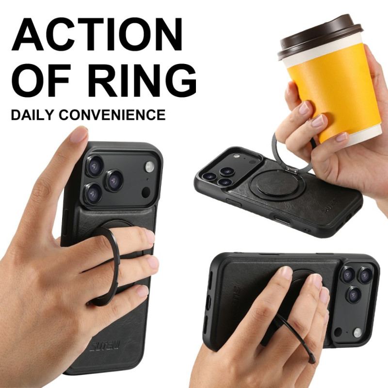 Coque iPhone 17 Pro Compatible MagSafe Effet Cuir Ciré avec Support Rotatif