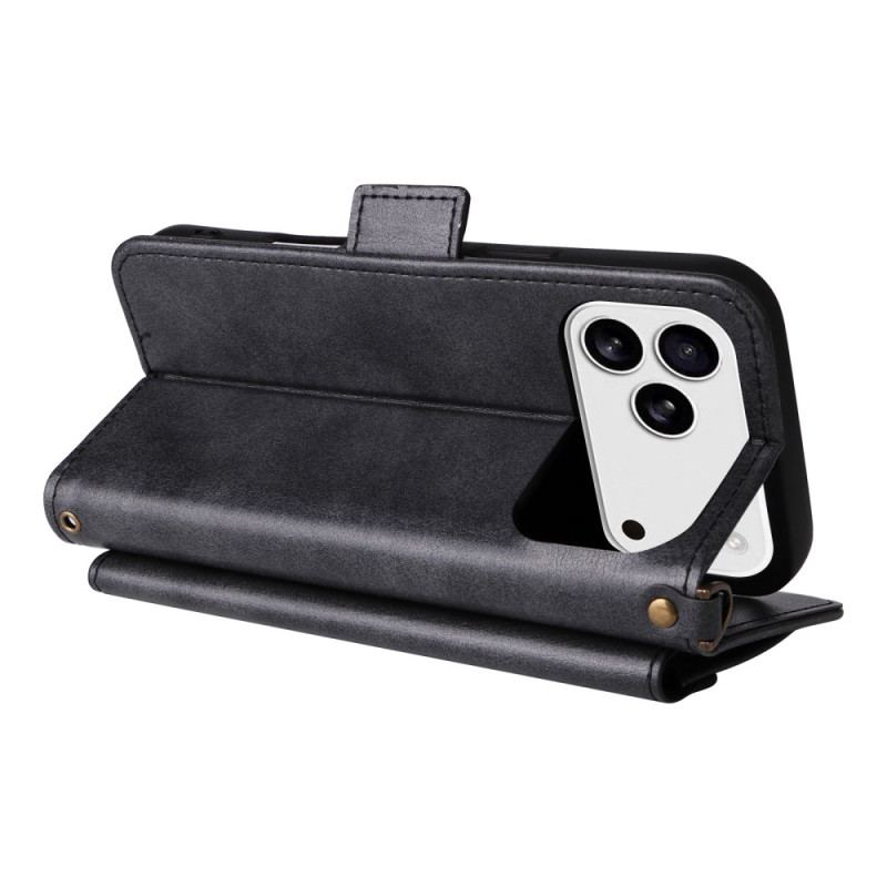 Housse iPhone 17 Pro Portefeuille Rétro avec Bandoulière