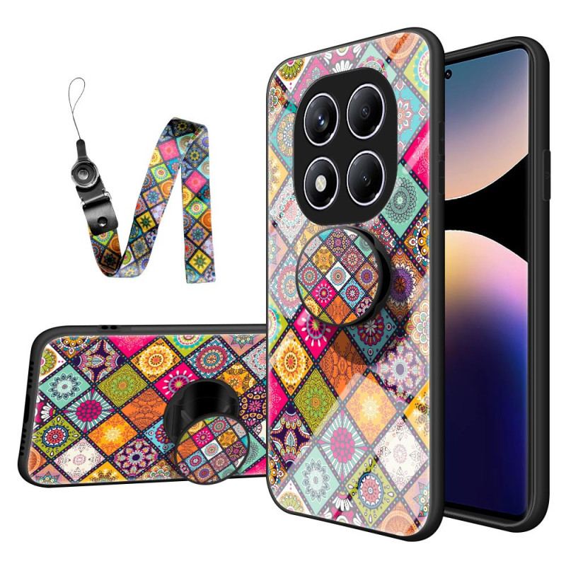 Coque Xiaomi Redmi Note 14 Pro 4G Support et Lanière Motif Patchwork