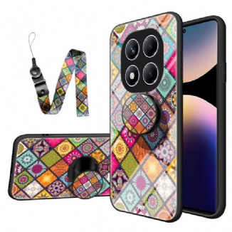 Coque Xiaomi Redmi Note 14 Pro 4G Support et Lanière Motif Patchwork