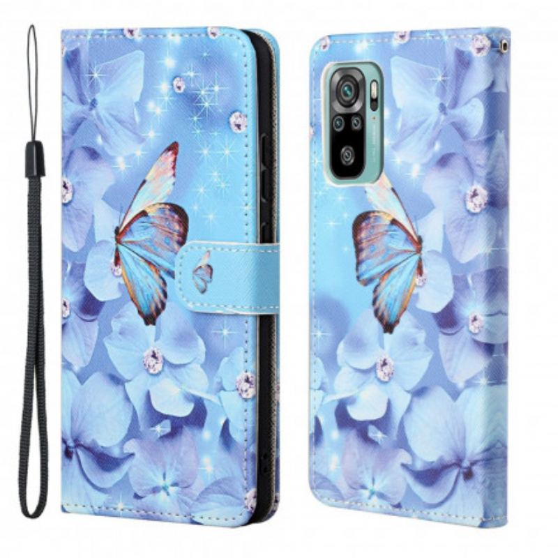 Housse Xiaomi Redmi 10 Papillons Diamants à Lanière