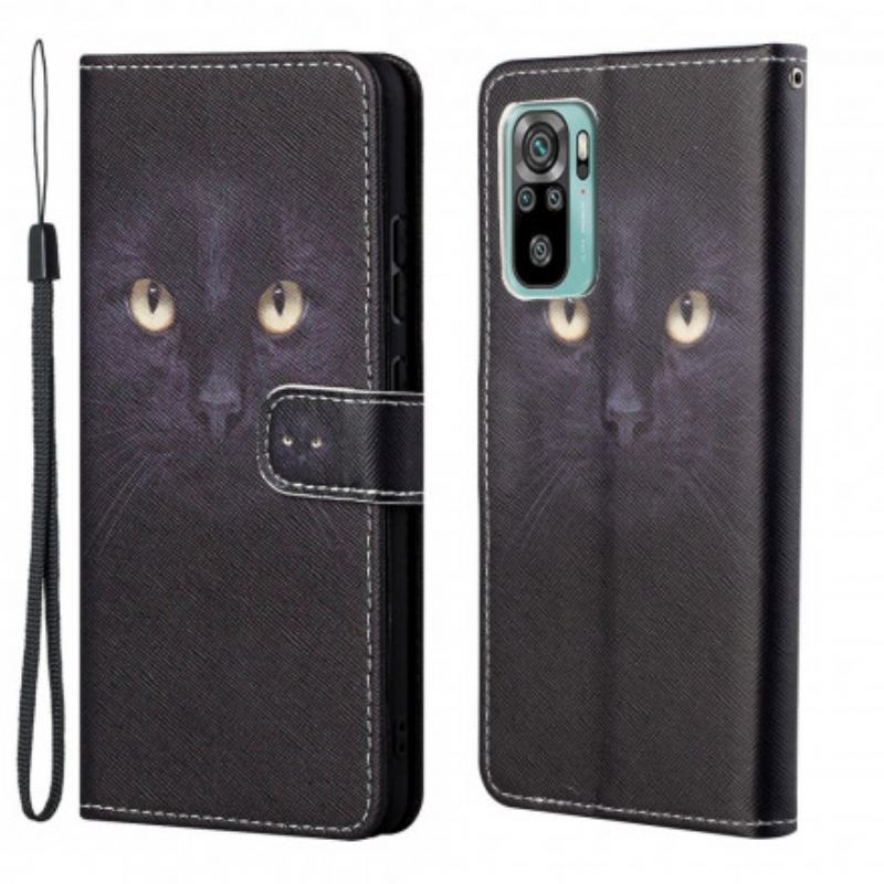 Housse Xiaomi Redmi 10 Yeux de Chat Noir à Lanière