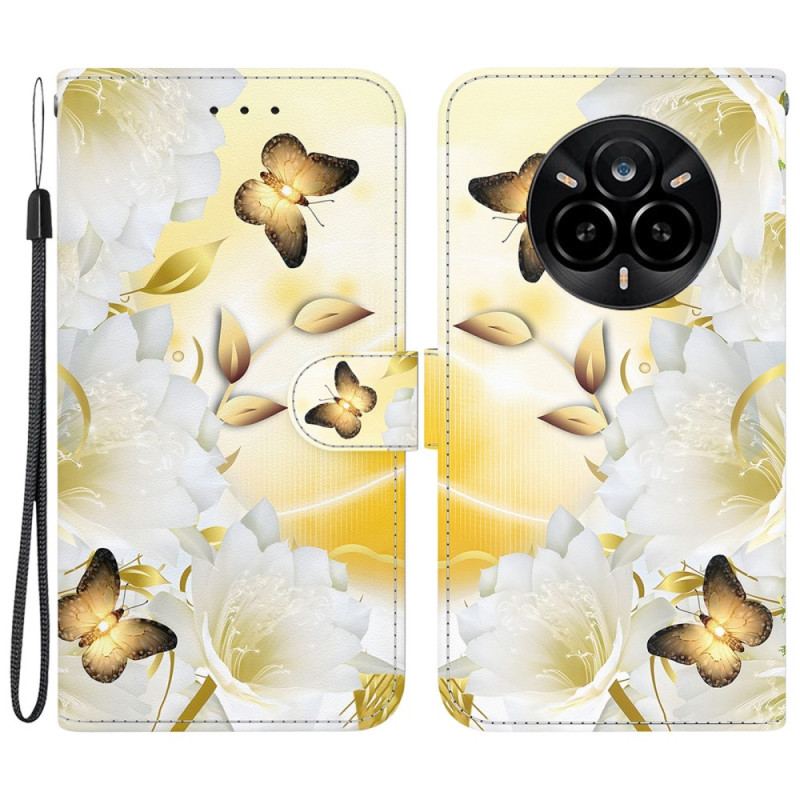 Housse Realme 14 Pro 5G Papillons Dorés et Fleurs Blanches