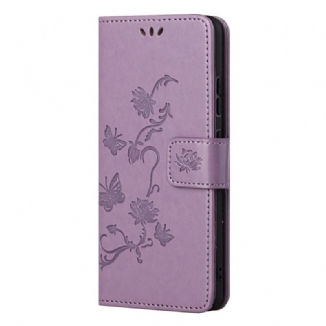 Housse Samsung Galaxy M52 5G Papillons et Fleurs à Lanière