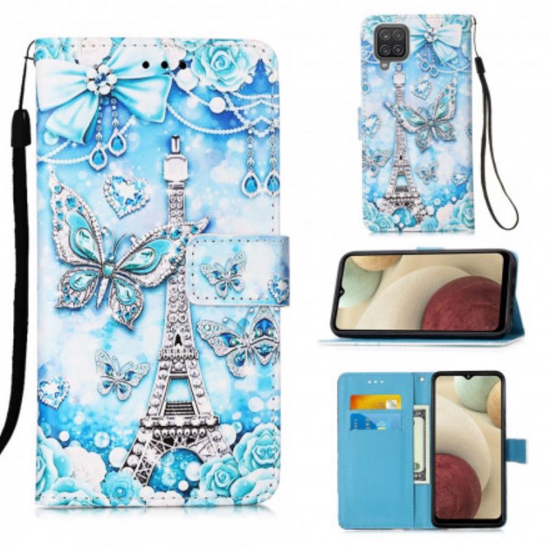 Housse Samsung Galaxy M12 / A12 Tour Eiffel Papillons à Lanière
