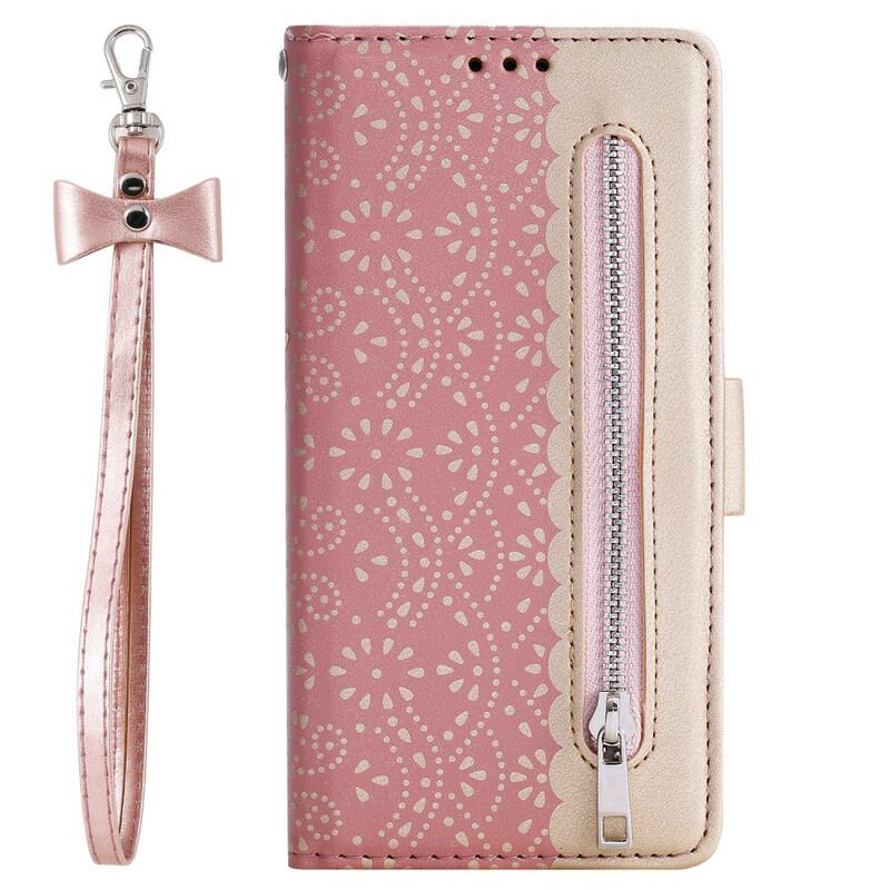 Housse iPhone 12 / 12 Pro Dentelle Porte-Monnaie à Lanière