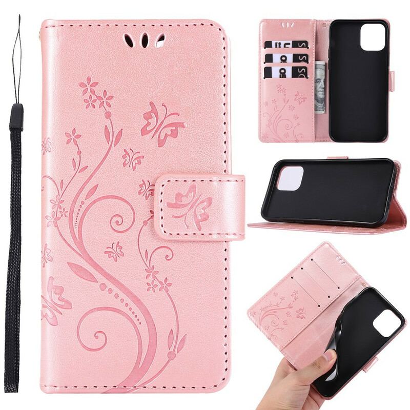 Housse iPhone 12 / 12 Pro Papillons et Fleurs Lanière