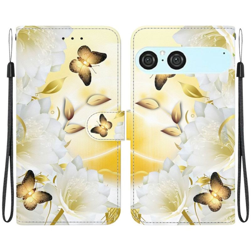 Housse Sony Xperia 10 VII Papillons Dorés et Fleurs Blanches