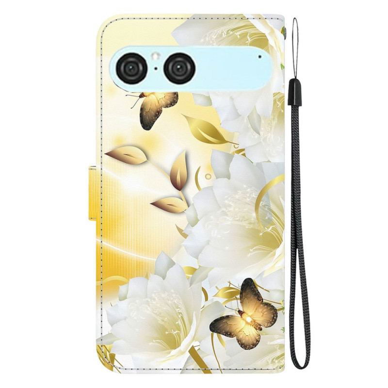 Housse Sony Xperia 10 VII Papillons Dorés et Fleurs Blanches