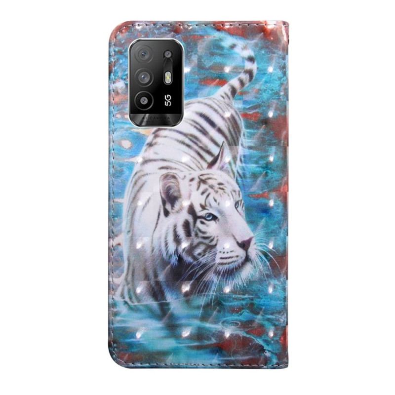 Housse Oppo A94 5G Simili Cuir Tigre avec Lanière