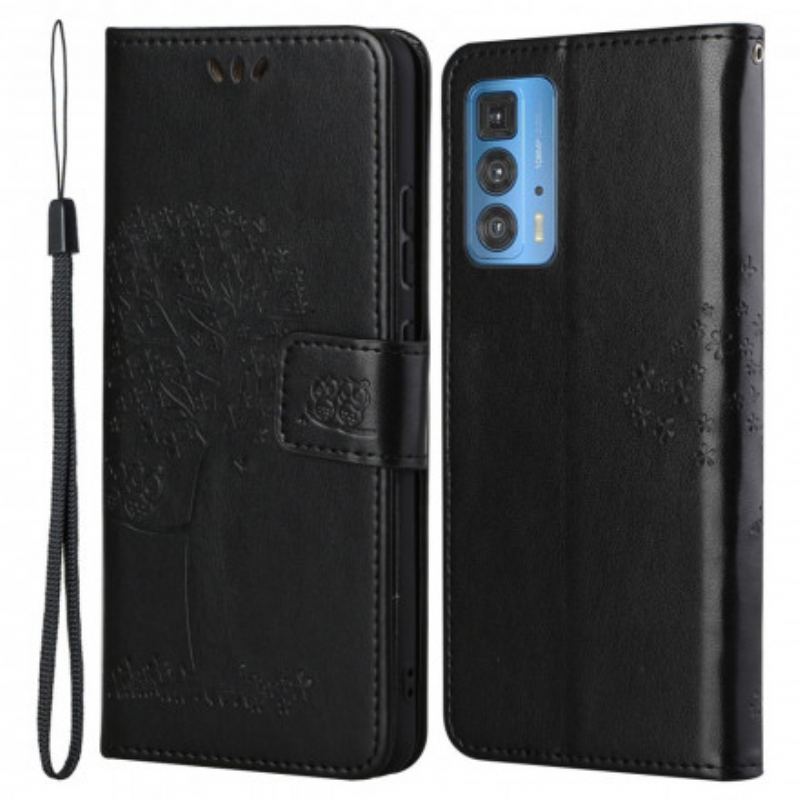 Housse Motorola Edge 20 Pro Arbre et Hiboux à Lanière