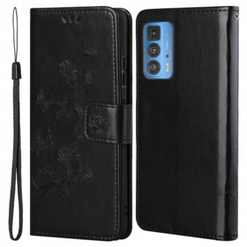 Housse Motorola Edge 20 Pro Papillons et Fleurs à Lanière