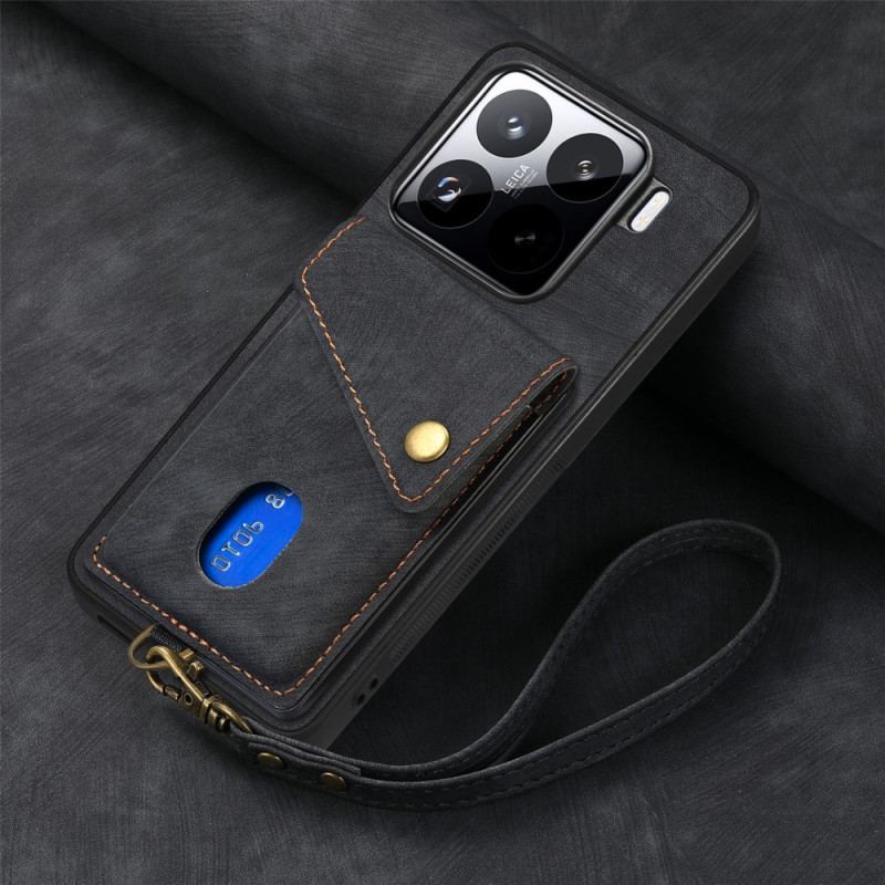 Coque Xiaomi 15 Effet Daim Porte-Cartes et Lanière