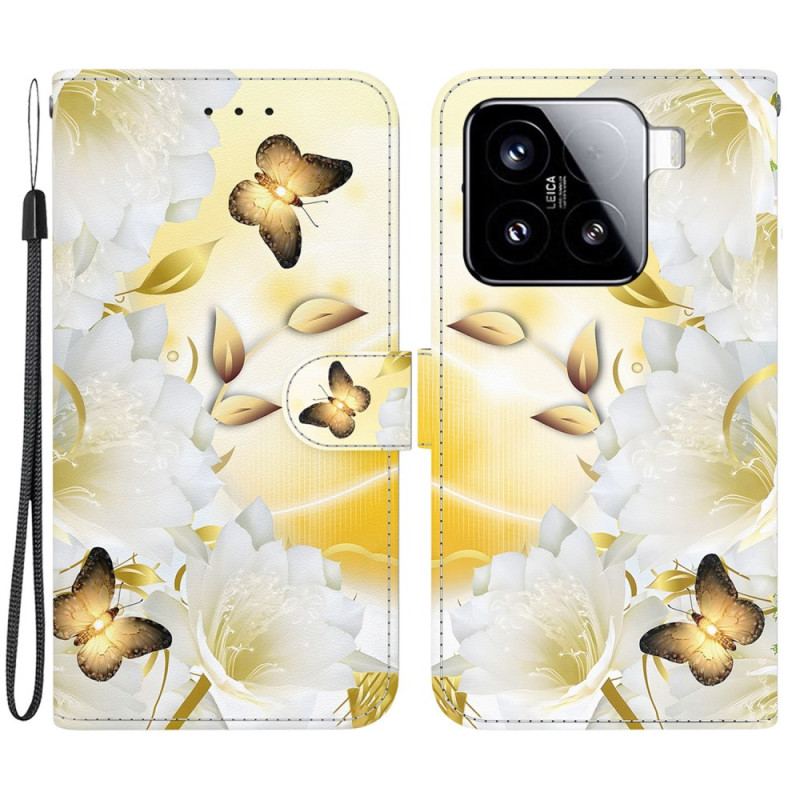 Housse Xiaomi 15 Papillons Dorés et Fleurs Blanches