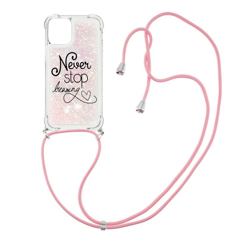 Coque iPhone 13 Mini à Cordon Paillettes Never Stop