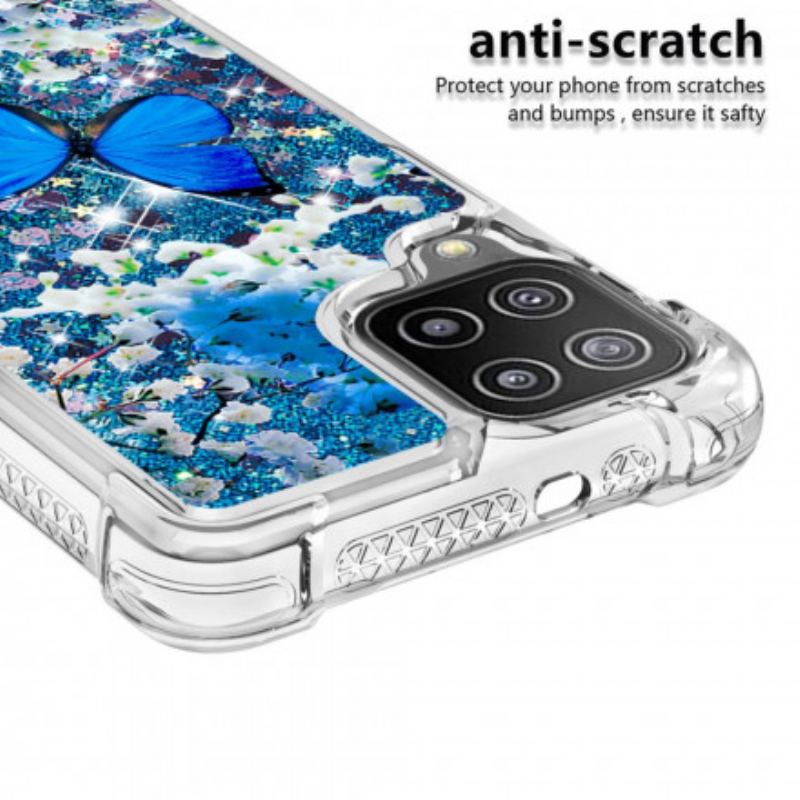 Coque Samsung Galaxy A22 4G Papillons Bleus Paillettes