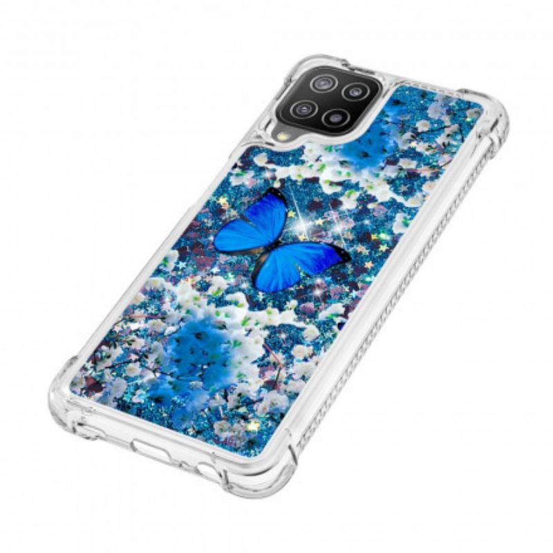 Coque Samsung Galaxy A22 4G Papillons Bleus Paillettes