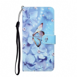 Housse Samsung Galaxy S21 FE Papillons Diamants à Lanière