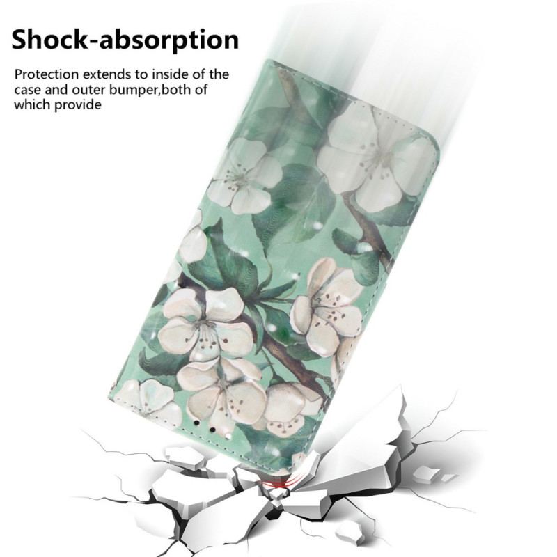 Housse Xiaomi Redmi Note 14S Fleurs Blanches à Lanière