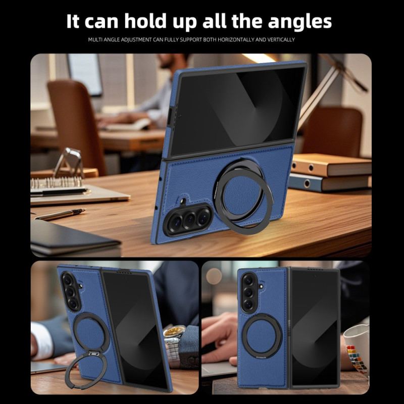 Coque Samsung Galaxy Z Fold 7 Compatible MagSafe Effet Cuir avec Anneau-Support Rotatif à