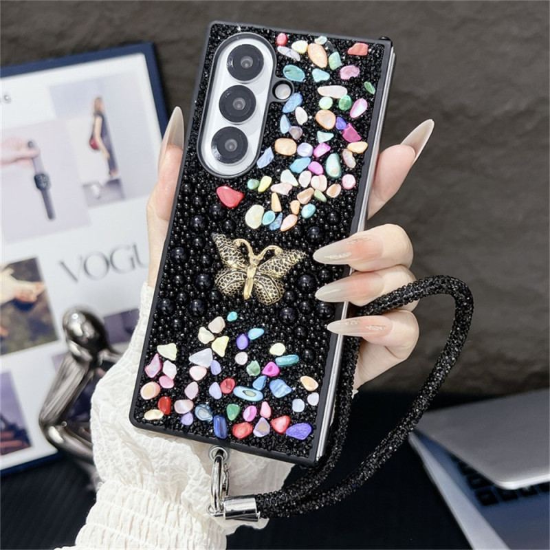 Coque Samsung Galaxy Z Fold 7 Papillon Strass avec Lanière