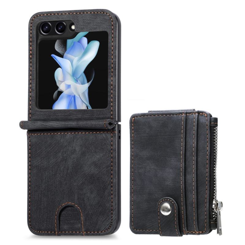 Coque Samsung Galaxy Z Flip 7 FE / Z Flip 6 Support Rétro et Porte-Cartes Zippé