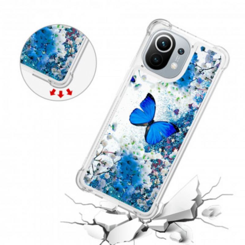 Coque Xiaomi Mi 11 Papillons Bleus Paillettes