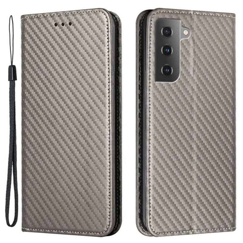 Flip Cover Samsung Galaxy S23 5G Style Fibre Carbone à Lanière