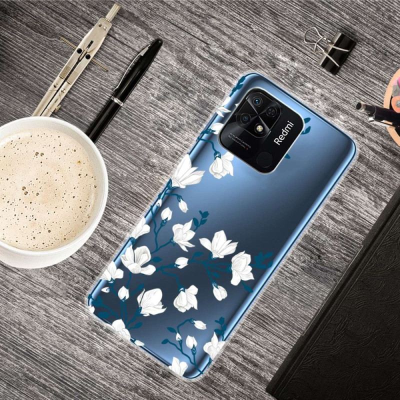 Coque Xiaomi Redmi 10C Transparente Fleurs Blanches