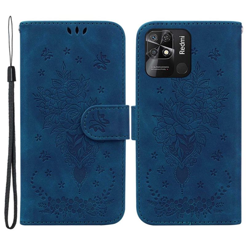 Housse Xiaomi Redmi 10C Roses et Papillons à Lanière