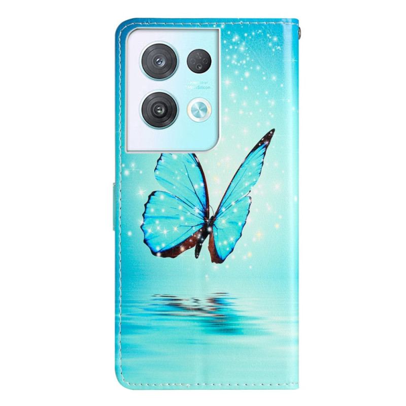 Housse Oppo Reno 8 Pro Papillons Bleus à Lanière
