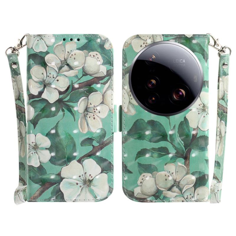 Housse Xiaomi 15 Ultra Fleurs Blanches à Lanière