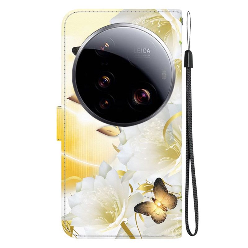 Housse Xiaomi 15 Ultra Papillons Dorés et Fleurs Blanches