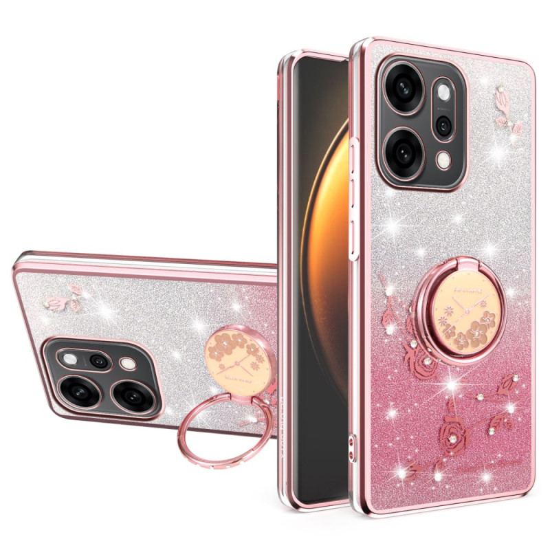 Coque Oppo Reno 14 5G Fleurs et Strass avec Anneau-Support