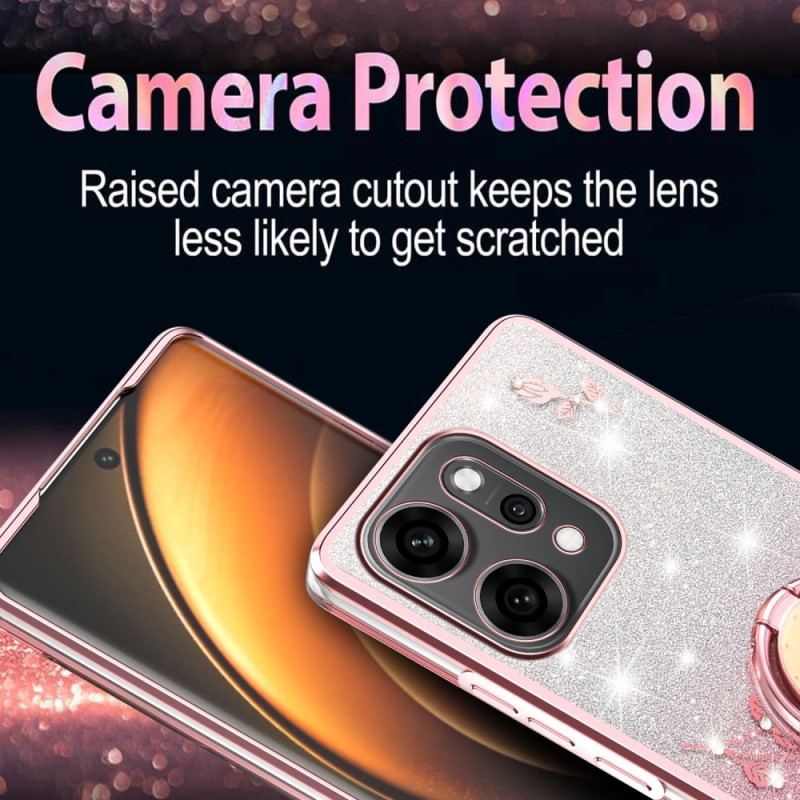 Coque Oppo Reno 14 5G Fleurs et Strass avec Anneau-Support